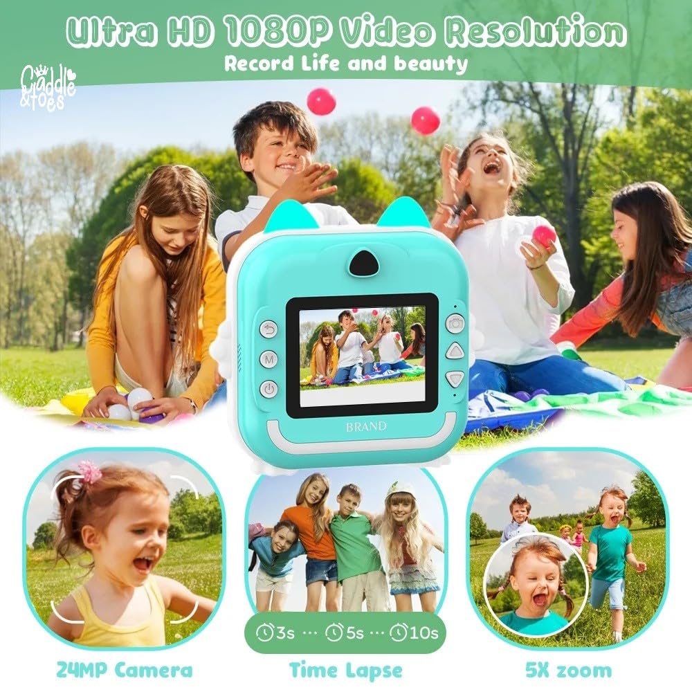 Instant Print Camera for Kids, Dual Selfie Digital Camera with Video Recording